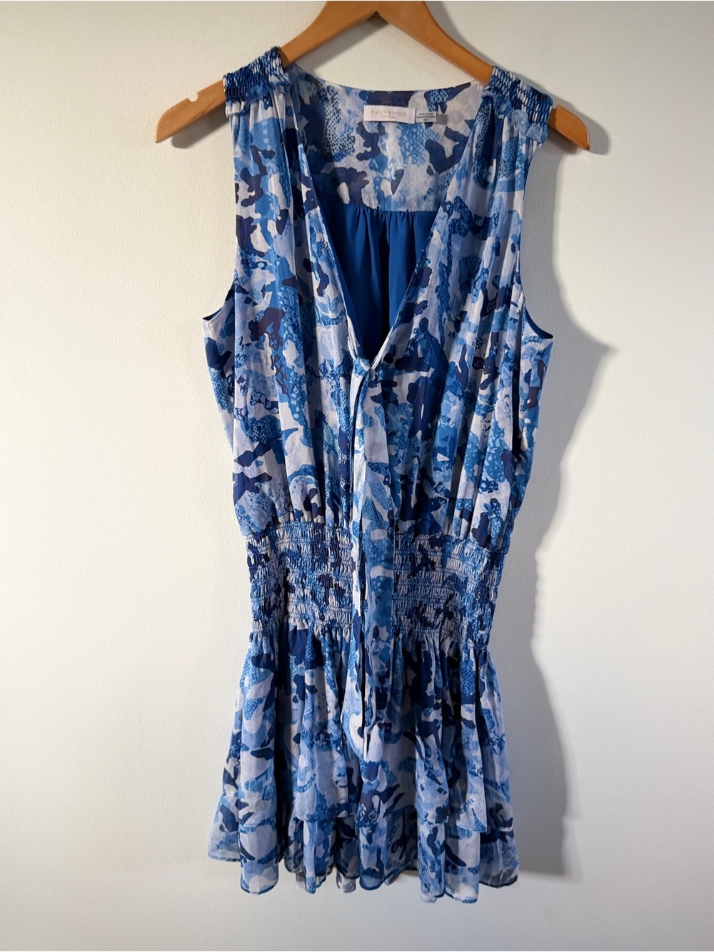 Ramy Brook Blue Multi-Print Sleeveless Midi Dress medium smocking